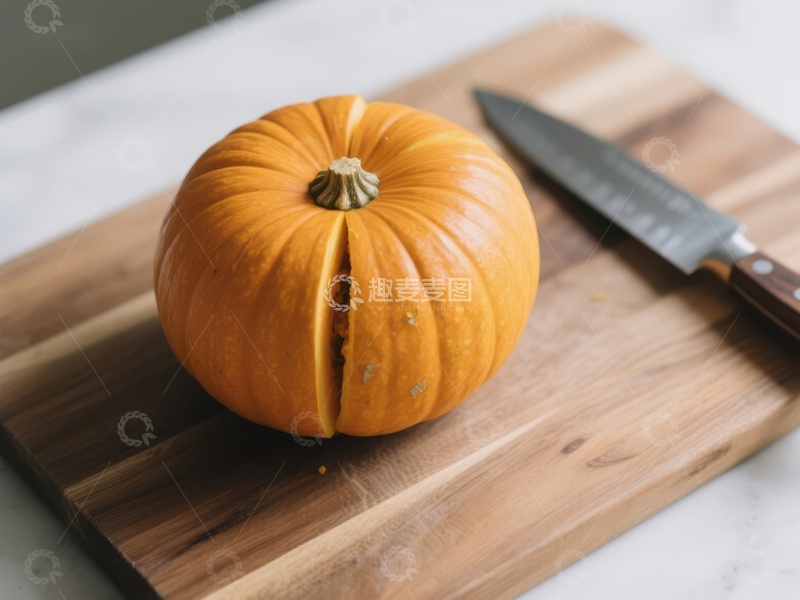 高清大图下载【趣麦麦图】切开的南瓜置于木制砧板上