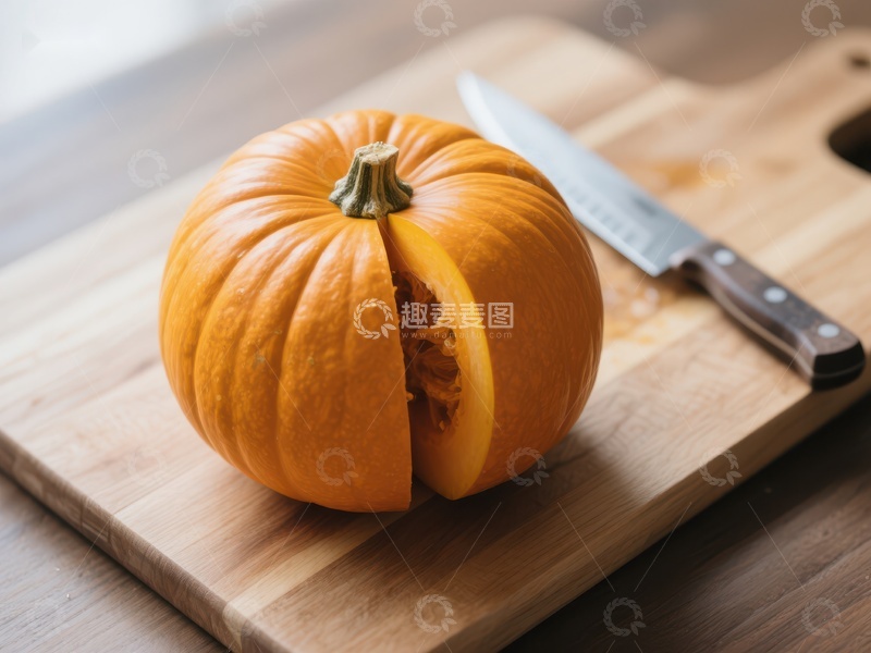 高清大图下载【趣麦麦图】切开的南瓜置于砧板上
