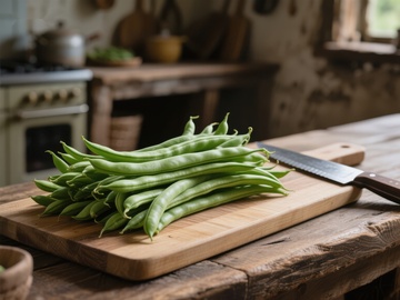 新鲜四季豆置于木制砧板上