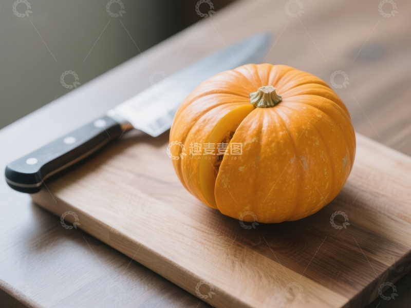 高清大图下载【趣麦麦图】小南瓜置于砧板上，旁边放有刀具