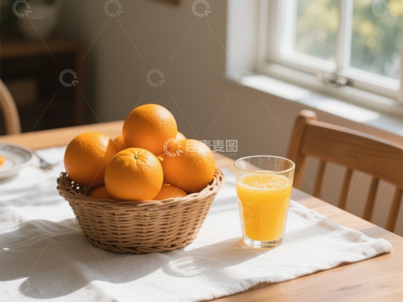 高清大图下载【趣麦麦图】橙子与橙汁：阳光早餐的完美搭配