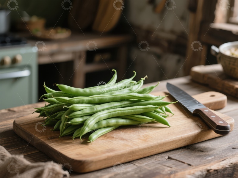 新鲜四季豆置于木制砧板上