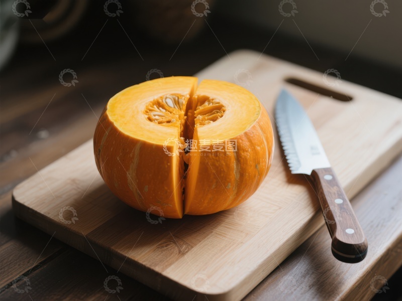 高清大图下载【趣麦麦图】切开的南瓜置于砧板上