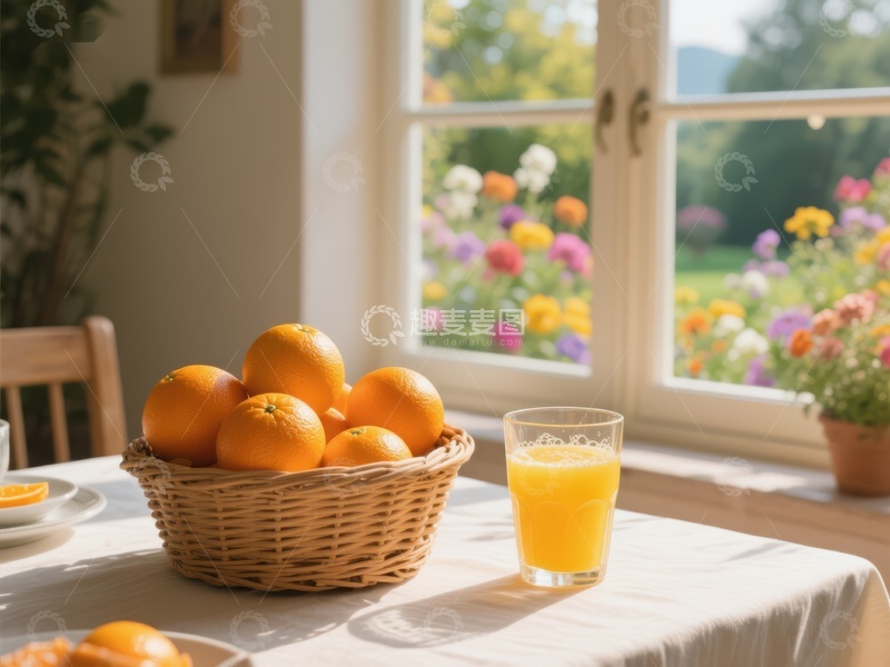 高清大图下载【趣麦麦图】窗边橙子与果汁的温馨早餐