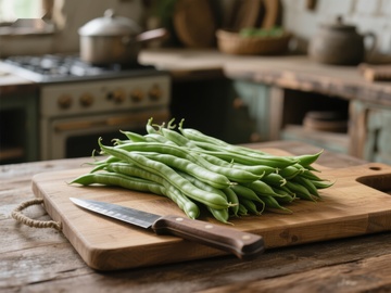 新鲜四季豆与木制砧板