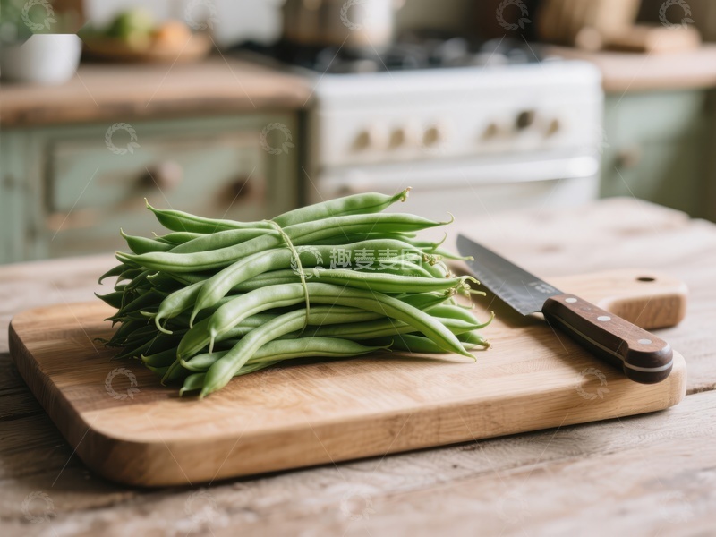 高清大图下载【趣麦麦图】新鲜四季豆置于木制砧板上