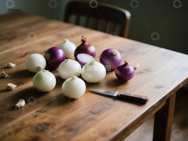 高清大图下载【趣麦麦图】木桌上摆放的洋葱与刀具