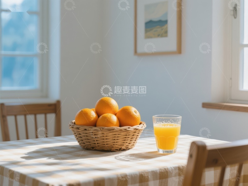 高清大图下载【趣麦麦图】橙子与果汁的温馨早餐桌