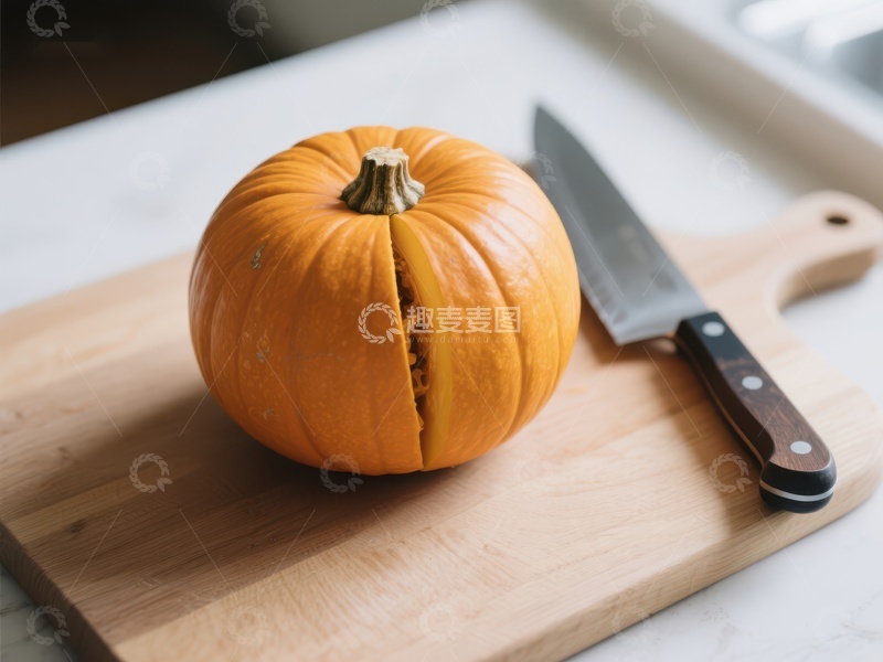 高清大图下载【趣麦麦图】切开的南瓜与刀具
