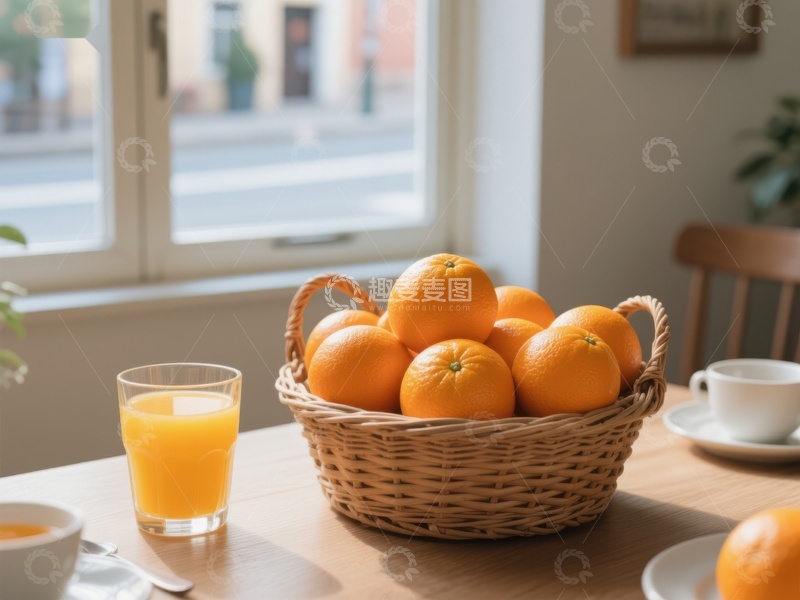 高清大图下载【趣麦麦图】橙子篮与果汁的温馨早餐