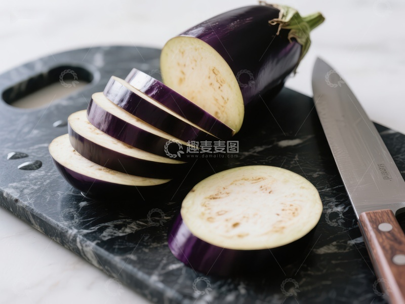 高清大图下载【趣麦麦图】切片茄子置于大理石砧板
