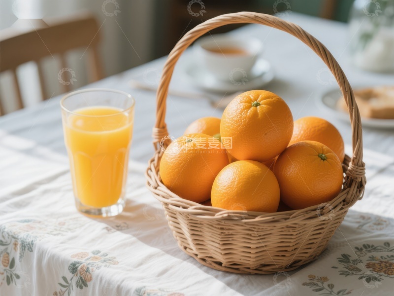 高清大图下载【趣麦麦图】新鲜橙子与果汁的温馨早餐