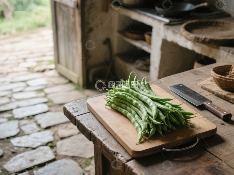 高清大图下载【趣麦麦图】新鲜豆角置于木制砧板上