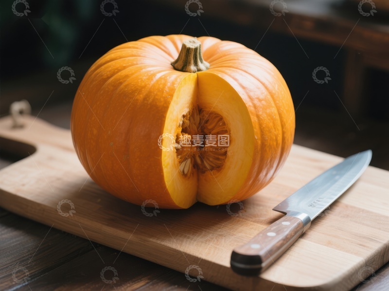 高清大图下载【趣麦麦图】切开的南瓜与刀具