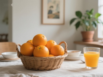 橙子篮与橙汁的温馨早餐