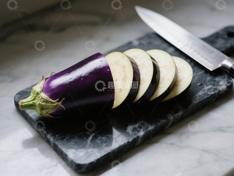 高清大图下载【趣麦麦图】切片茄子与刀具置于大理石砧板上