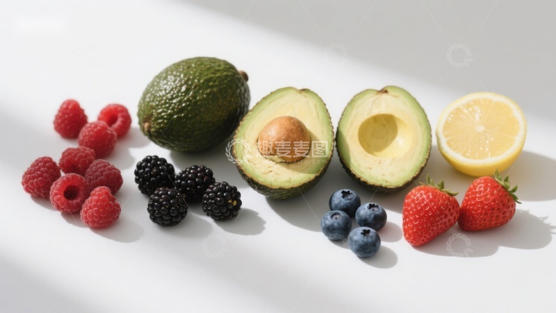 高清大图下载【趣麦麦图】新鲜水果展示：牛油果、浆果与柠檬
