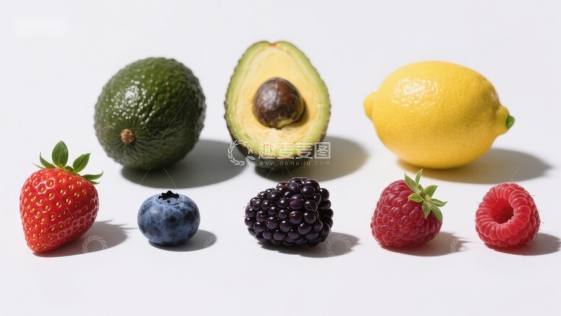 高清大图下载【趣麦麦图】新鲜水果展示：草莓、蓝莓、黑莓、覆盆子、柠檬、牛油果