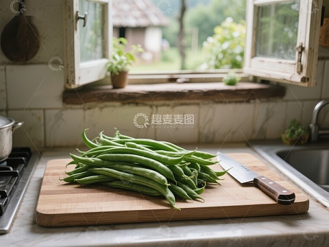 厨房窗边的绿色豆角