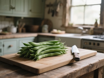 厨房案板上的新鲜四季豆