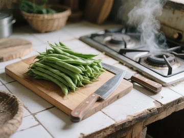 厨房案板上的新鲜四季豆
