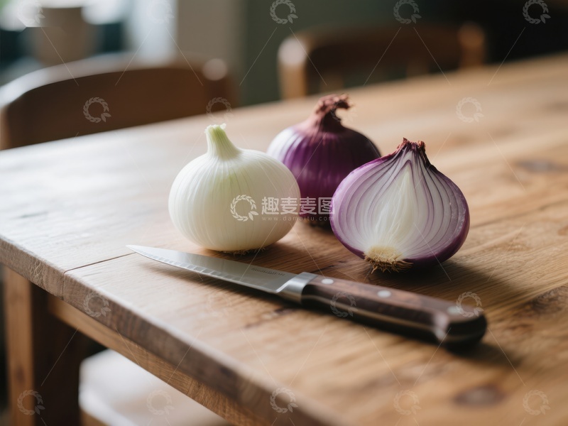 高清大图下载【趣麦麦图】洋葱与刀具置于木质桌面