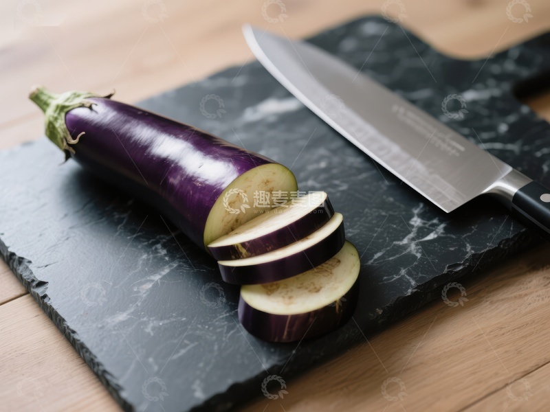 高清大图下载【趣麦麦图】切片茄子与刀具置于石板上