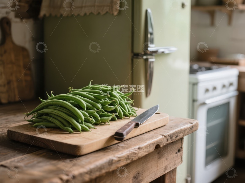 高清大图下载【趣麦麦图】新鲜豆角置于厨房木桌