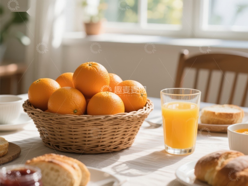 高清大图下载【趣麦麦图】早餐桌上摆放着橙子和果汁
