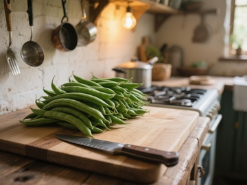 厨房案板上的新鲜四季豆