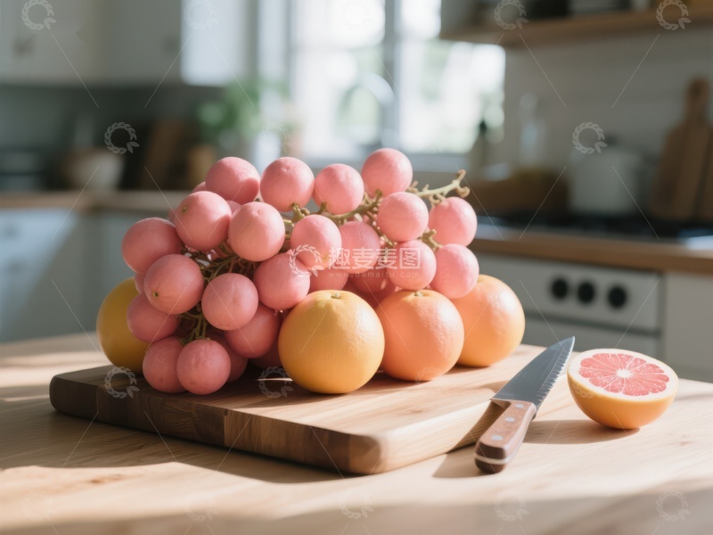 高清大图下载【趣麦麦图】厨房台面上的水果与砧板