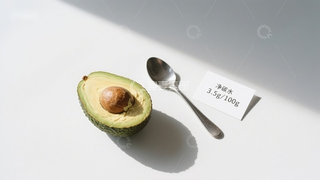 半个牛油果与勺子及标签的静物组合