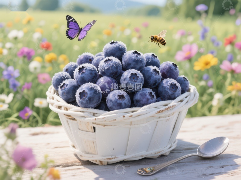 高清大图下载【趣麦麦图】蓝莓篮子与花田蝴蝶