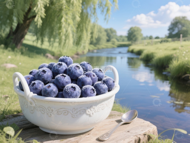 高清大图下载【趣麦麦图】蓝莓盛碗，溪边绿意盎然