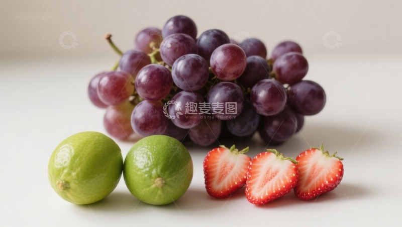 高清大图下载【趣麦麦图】新鲜水果组合：葡萄、青柠与草莓