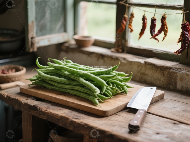 高清大图下载【趣麦麦图】新鲜四季豆与干辣椒的厨房一角