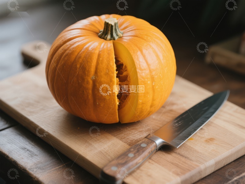 高清大图下载【趣麦麦图】切开的南瓜与刀具