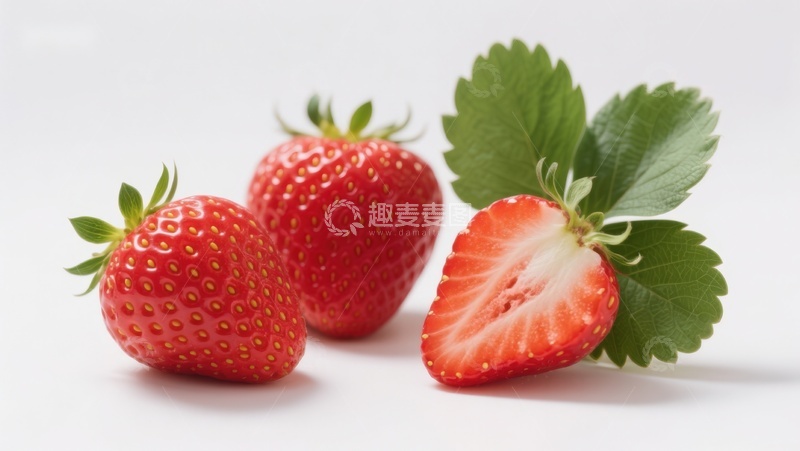 高清大图下载【趣麦麦图】新鲜草莓特写，一颗切半展示