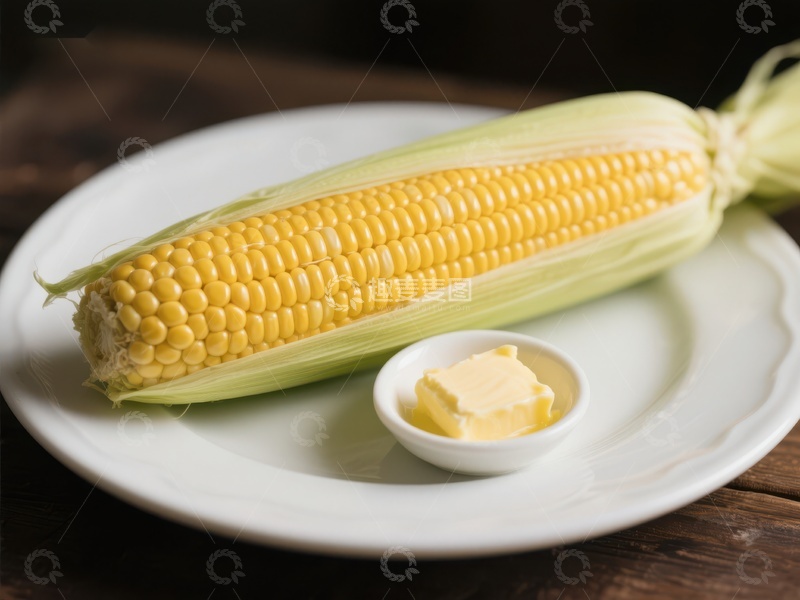 高清大图下载【趣麦麦图】新鲜玉米配黄油，置于白色盘中