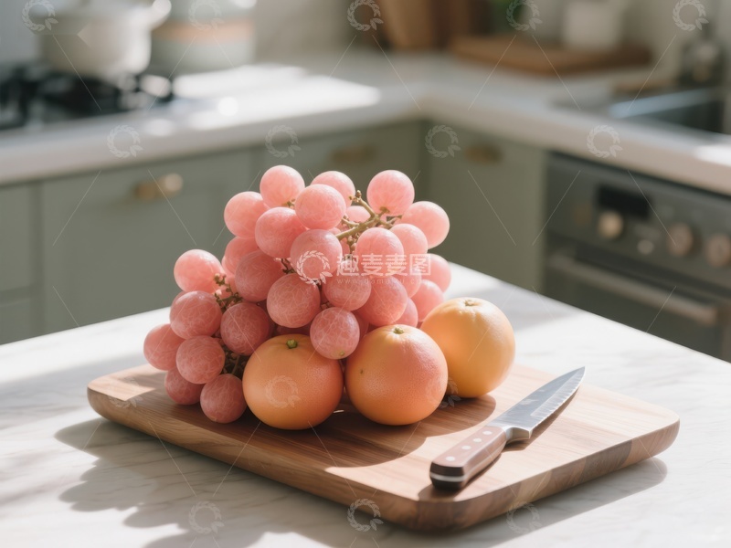 高清大图下载【趣麦麦图】厨房台面上的葡萄与橙子