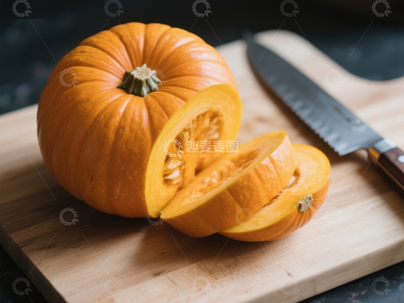 高清大图下载【趣麦麦图】切片南瓜置于砧板之上