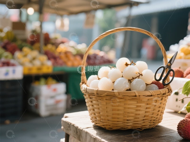 市场摊位上的新鲜荔枝