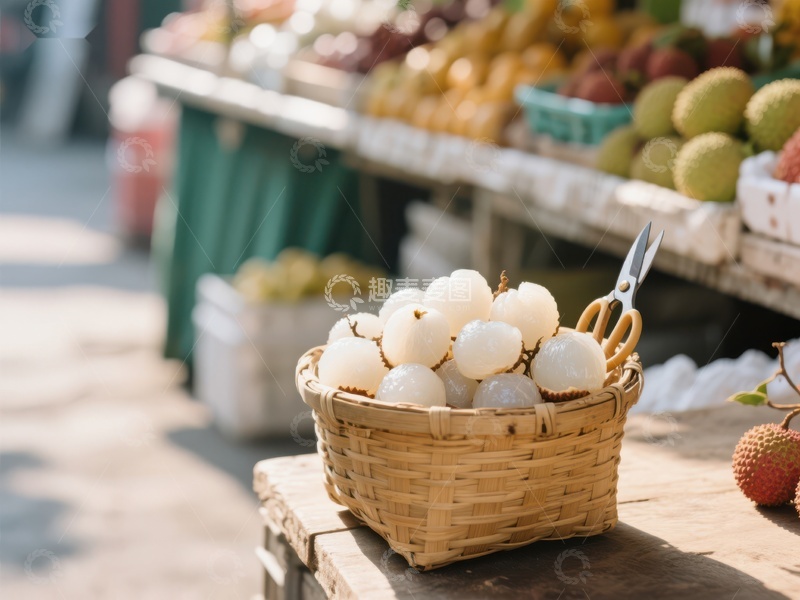 市场摊位上的新鲜荔枝