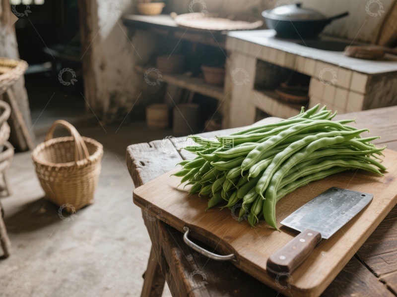 高清大图下载【趣麦麦图】新鲜四季豆置于木制砧板上