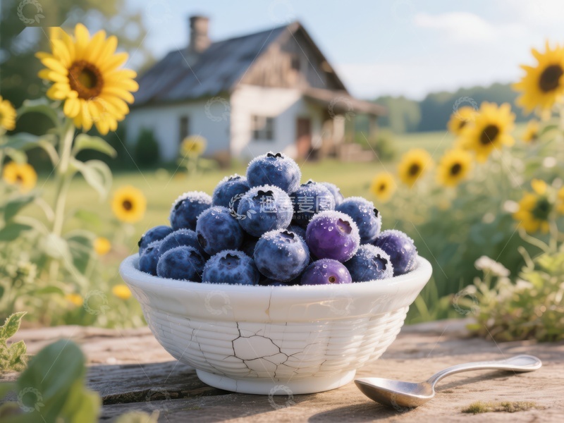 高清大图下载【趣麦麦图】蓝莓碗与向日葵田园风光
