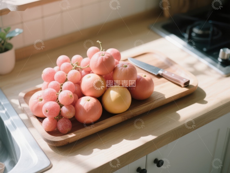高清大图下载【趣麦麦图】厨房台面上的桃子与砧板