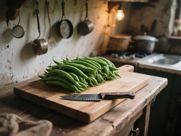 厨房案板上的新鲜四季豆