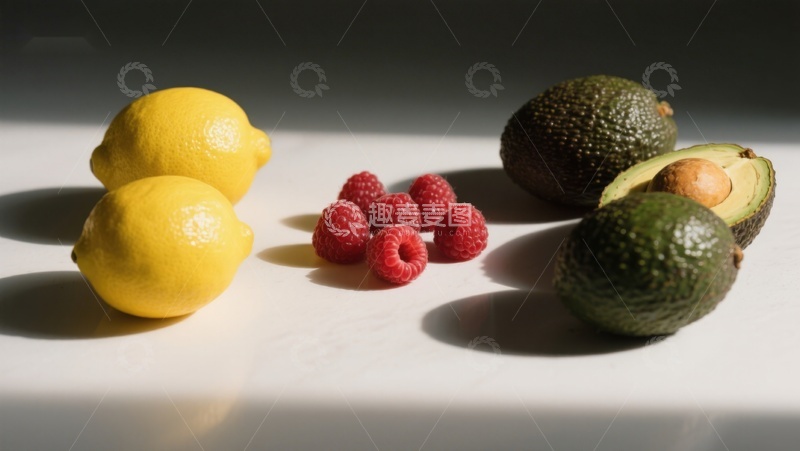 高清大图下载【趣麦麦图】柠檬、覆盆子与牛油果的静物组合