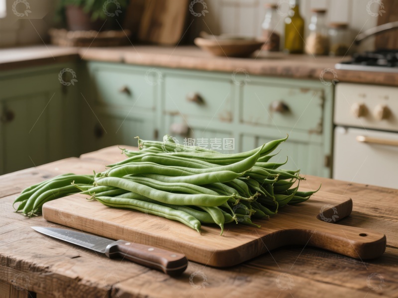 高清大图下载【趣麦麦图】新鲜四季豆置于厨房木砧板上