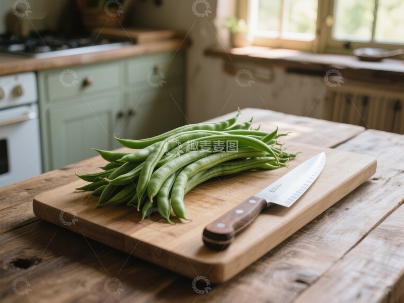 高清大图下载【趣麦麦图】新鲜四季豆置于木制砧板上